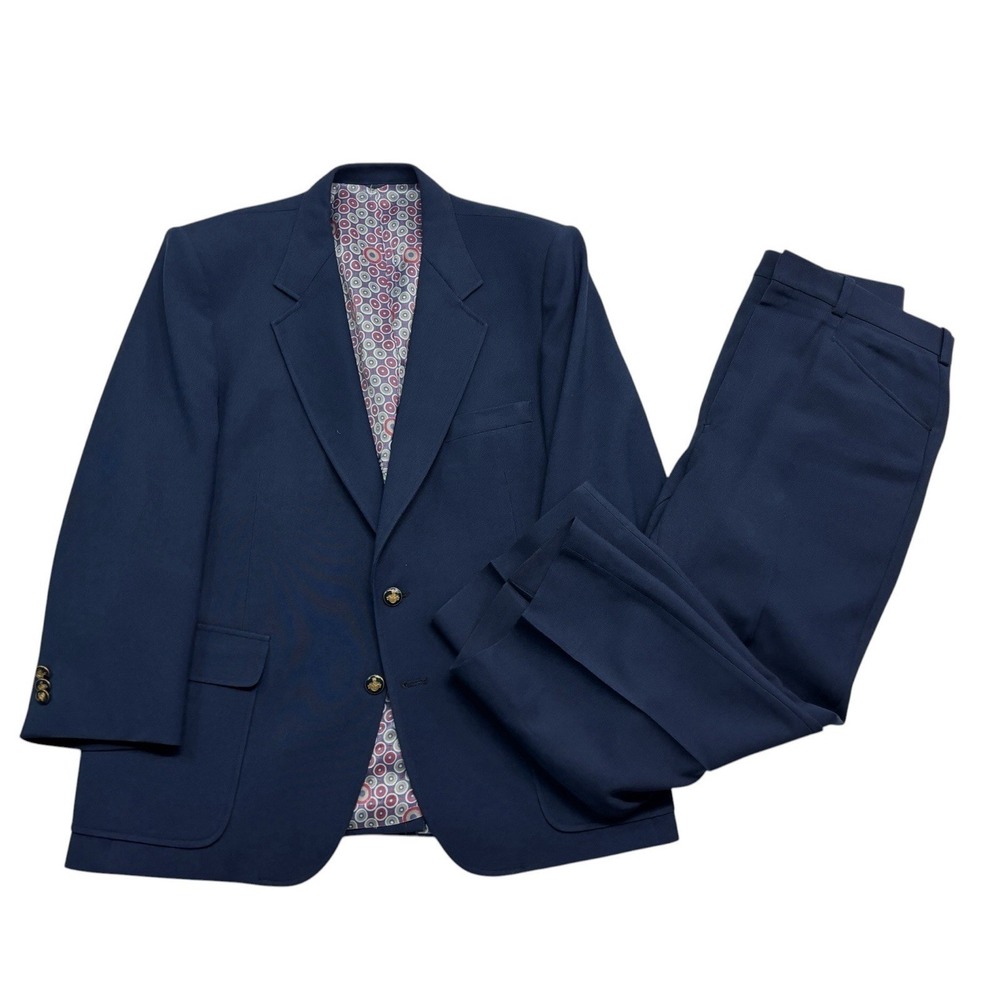 vtg 1980s 42S 36 Extra Short Navy 2pc Pant Suit The Knack Polyester Knit USA